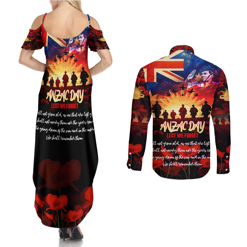 Australia ANZAC Day Couples Matching Summer Maxi Dress and Long Sleeve Button Shirt Let We Forget - Tribute Art with Soldiers and Poppies
