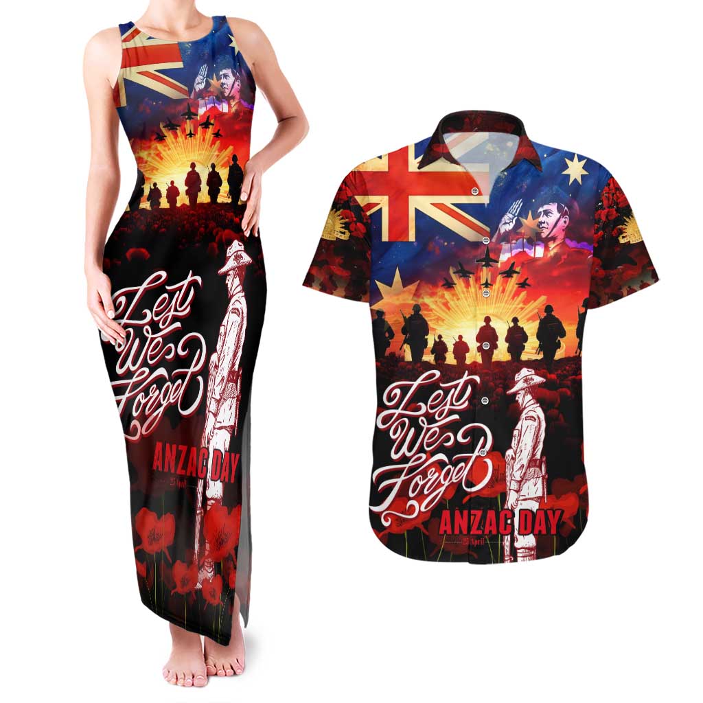 Australia ANZAC Day Couples Matching Tank Maxi Dress and Hawaiian Shirt Let We Forget - Tribute Art with Soldiers and Poppies