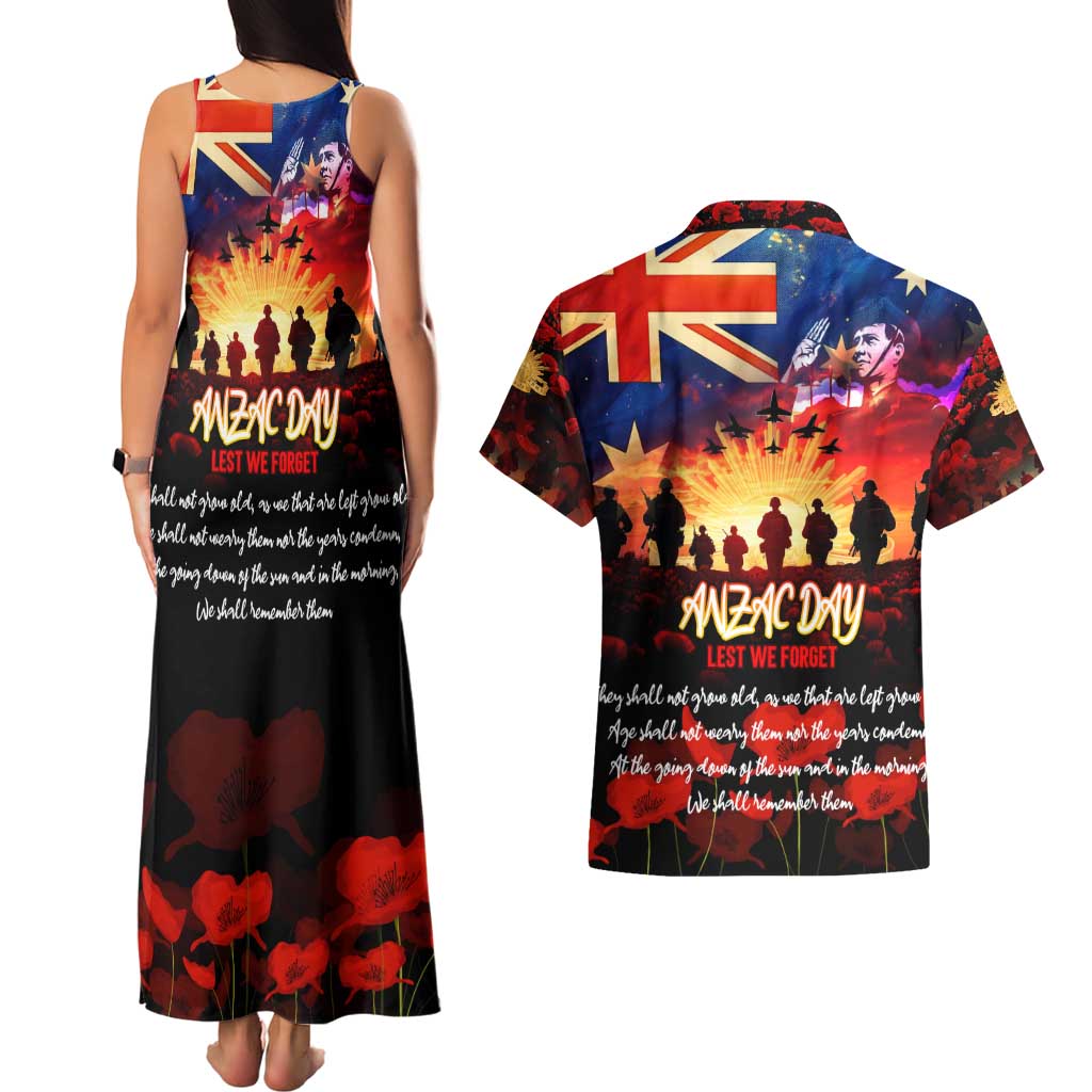 Australia ANZAC Day Couples Matching Tank Maxi Dress and Hawaiian Shirt Let We Forget - Tribute Art with Soldiers and Poppies