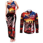 Australia ANZAC Day Couples Matching Tank Maxi Dress and Long Sleeve Button Shirt Let We Forget - Tribute Art with Soldiers and Poppies