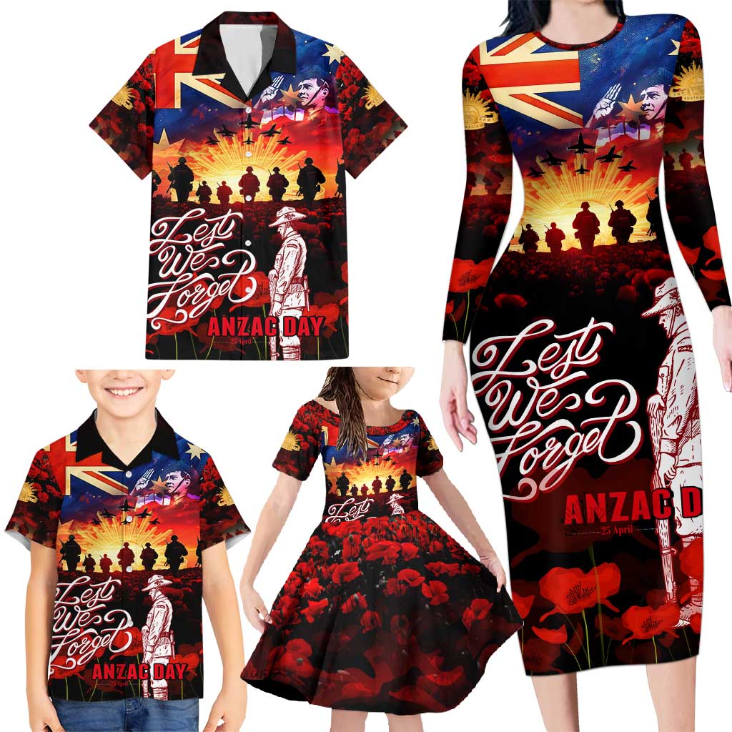 Australia ANZAC Day Family Matching Long Sleeve Bodycon Dress and Hawaiian Shirt Let We Forget - Tribute Art with Soldiers and Poppies