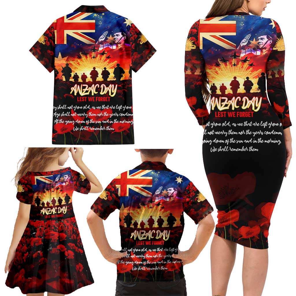 Australia ANZAC Day Family Matching Long Sleeve Bodycon Dress and Hawaiian Shirt Let We Forget - Tribute Art with Soldiers and Poppies