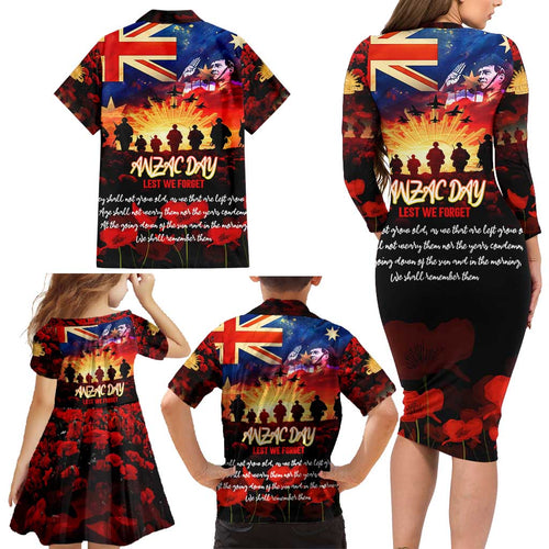 Australia ANZAC Day Family Matching Long Sleeve Bodycon Dress and Hawaiian Shirt Let We Forget - Tribute Art with Soldiers and Poppies