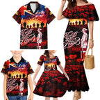Australia ANZAC Day Family Matching Mermaid Dress and Hawaiian Shirt Let We Forget - Tribute Art with Soldiers and Poppies