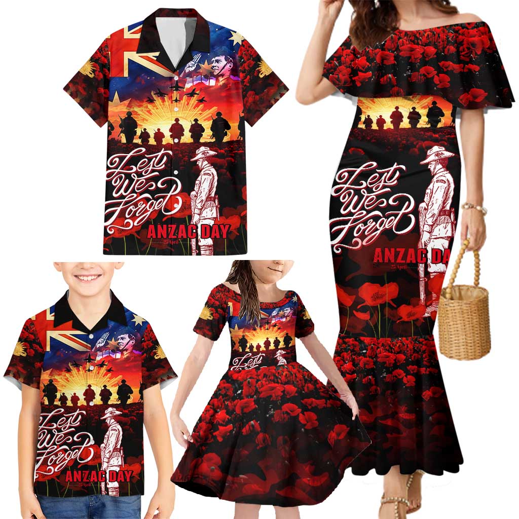 Australia ANZAC Day Family Matching Mermaid Dress and Hawaiian Shirt Let We Forget - Tribute Art with Soldiers and Poppies