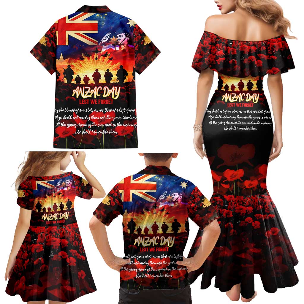 Australia ANZAC Day Family Matching Mermaid Dress and Hawaiian Shirt Let We Forget - Tribute Art with Soldiers and Poppies