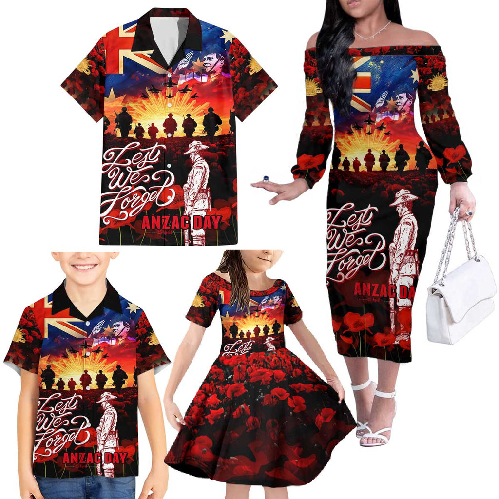 Australia ANZAC Day Family Matching Off The Shoulder Long Sleeve Dress and Hawaiian Shirt Let We Forget - Tribute Art with Soldiers and Poppies
