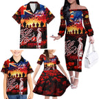 Australia ANZAC Day Family Matching Off The Shoulder Long Sleeve Dress and Hawaiian Shirt Let We Forget - Tribute Art with Soldiers and Poppies