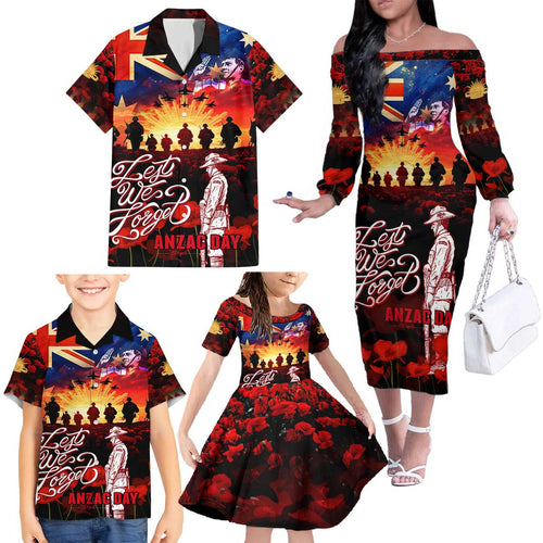 Australia ANZAC Day Family Matching Off The Shoulder Long Sleeve Dress and Hawaiian Shirt Let We Forget - Tribute Art with Soldiers and Poppies