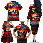 Australia ANZAC Day Family Matching Off The Shoulder Long Sleeve Dress and Hawaiian Shirt Let We Forget - Tribute Art with Soldiers and Poppies