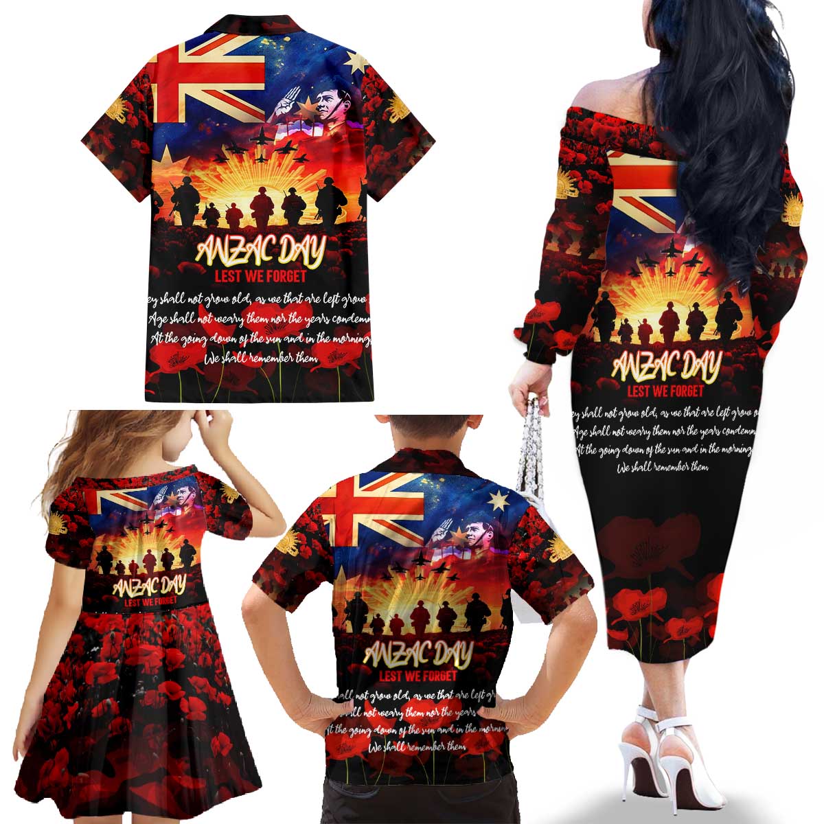 Australia ANZAC Day Family Matching Off The Shoulder Long Sleeve Dress and Hawaiian Shirt Let We Forget - Tribute Art with Soldiers and Poppies