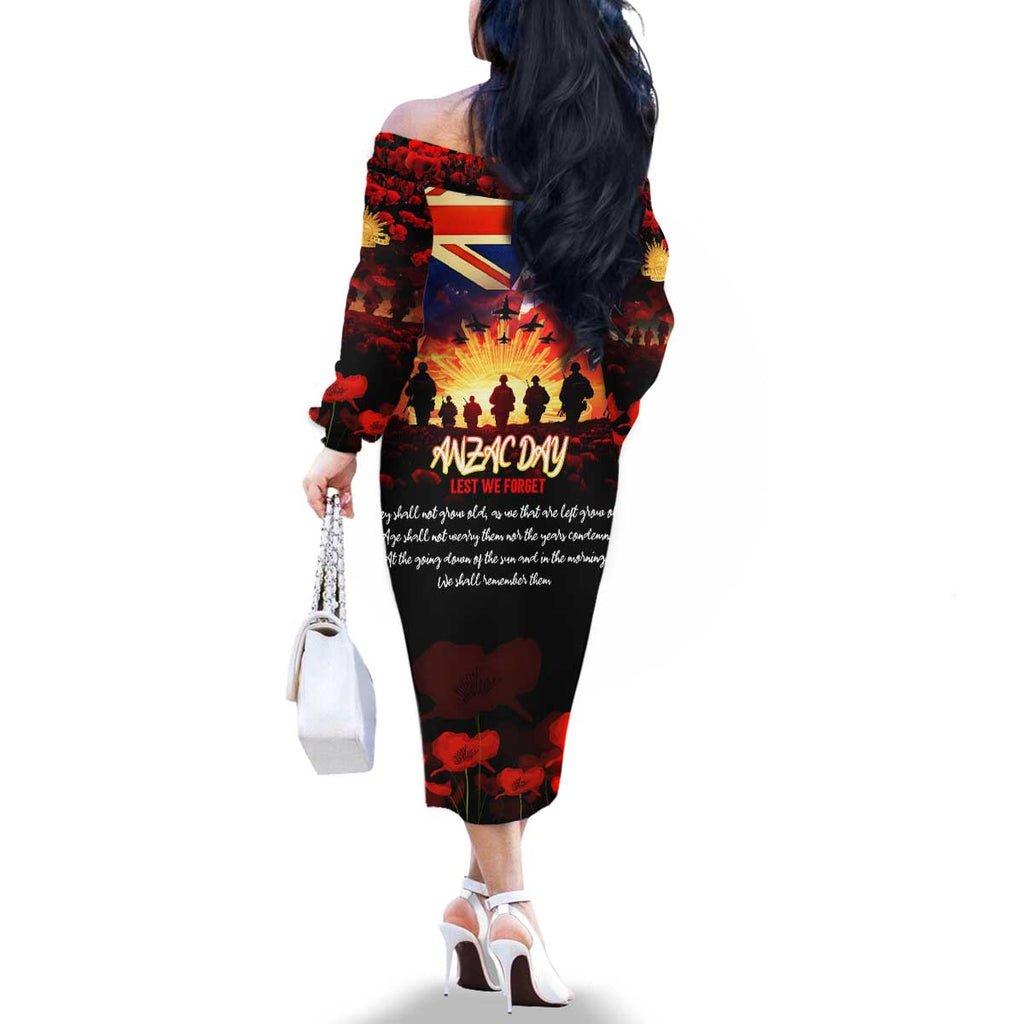 Australia ANZAC Day Family Matching Off The Shoulder Long Sleeve Dress and Hawaiian Shirt Let We Forget - Tribute Art with Soldiers and Poppies