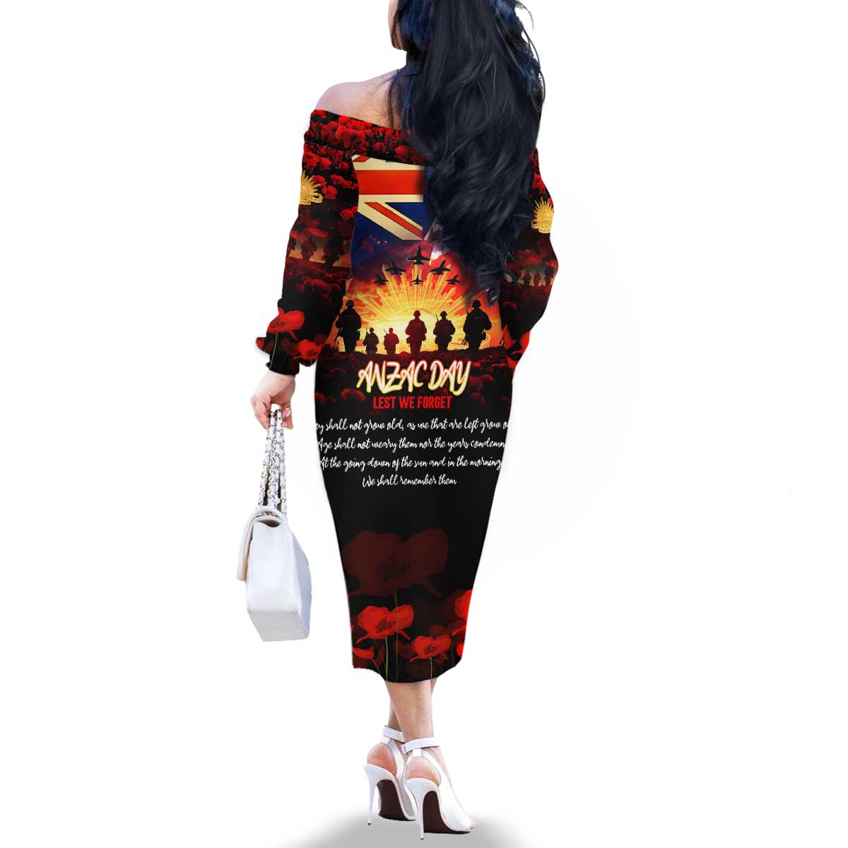Australia ANZAC Day Family Matching Off The Shoulder Long Sleeve Dress and Hawaiian Shirt Let We Forget - Tribute Art with Soldiers and Poppies