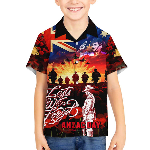 Australia ANZAC Day Family Matching Off The Shoulder Long Sleeve Dress and Hawaiian Shirt Let We Forget - Tribute Art with Soldiers and Poppies