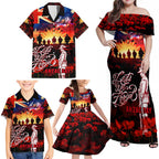 Australia ANZAC Day Family Matching Off Shoulder Maxi Dress and Hawaiian Shirt Let We Forget - Tribute Art with Soldiers and Poppies