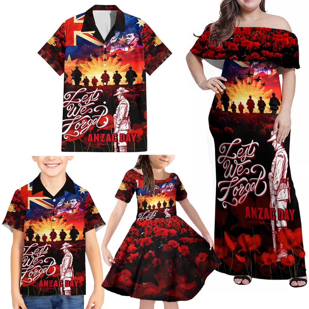 Australia ANZAC Day Family Matching Off Shoulder Maxi Dress and Hawaiian Shirt Let We Forget - Tribute Art with Soldiers and Poppies