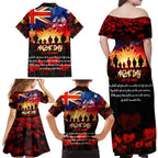 Australia ANZAC Day Family Matching Off Shoulder Maxi Dress and Hawaiian Shirt Let We Forget - Tribute Art with Soldiers and Poppies