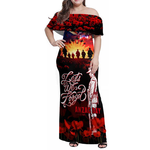 Australia ANZAC Day Family Matching Off Shoulder Maxi Dress and Hawaiian Shirt Let We Forget - Tribute Art with Soldiers and Poppies