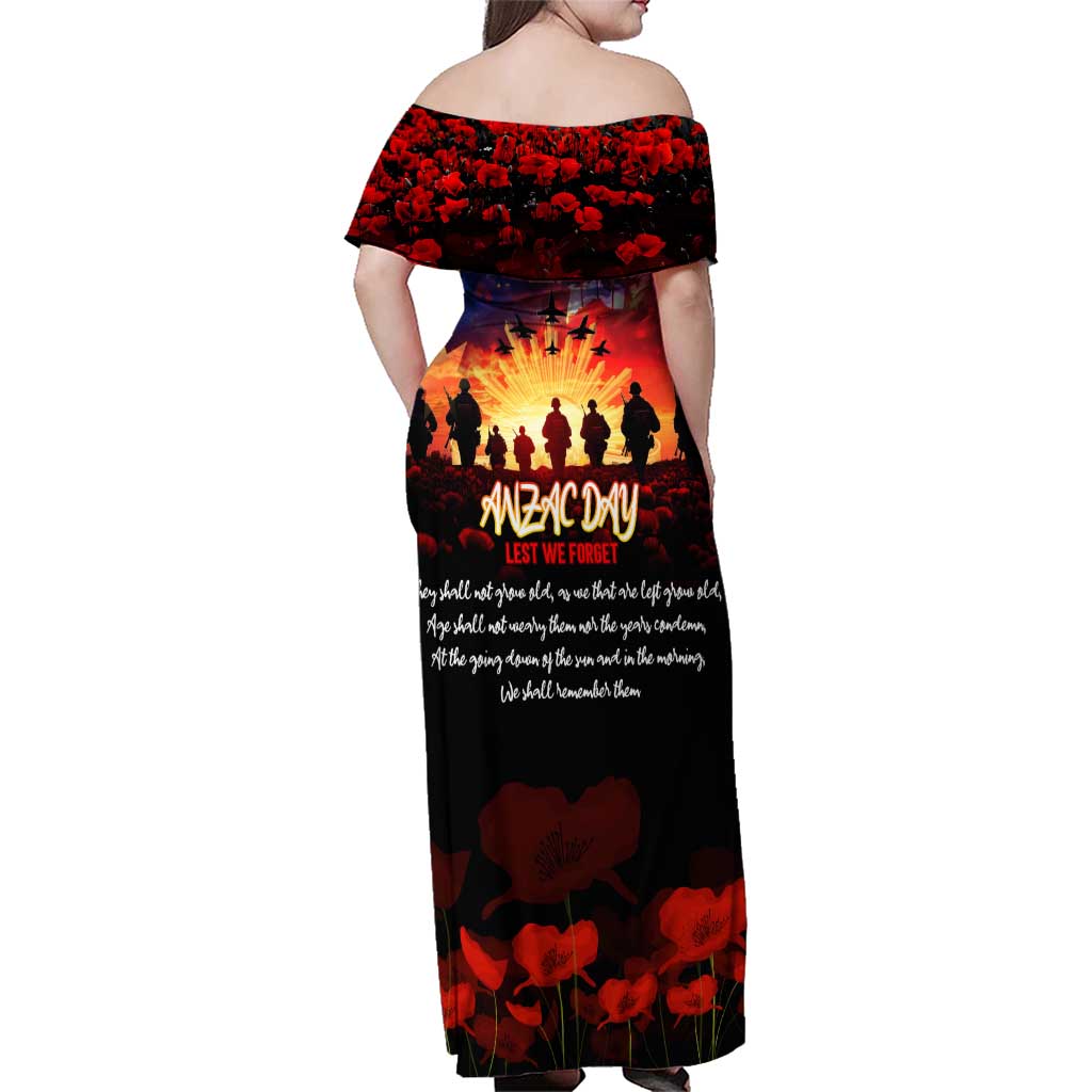Australia ANZAC Day Family Matching Off Shoulder Maxi Dress and Hawaiian Shirt Let We Forget - Tribute Art with Soldiers and Poppies