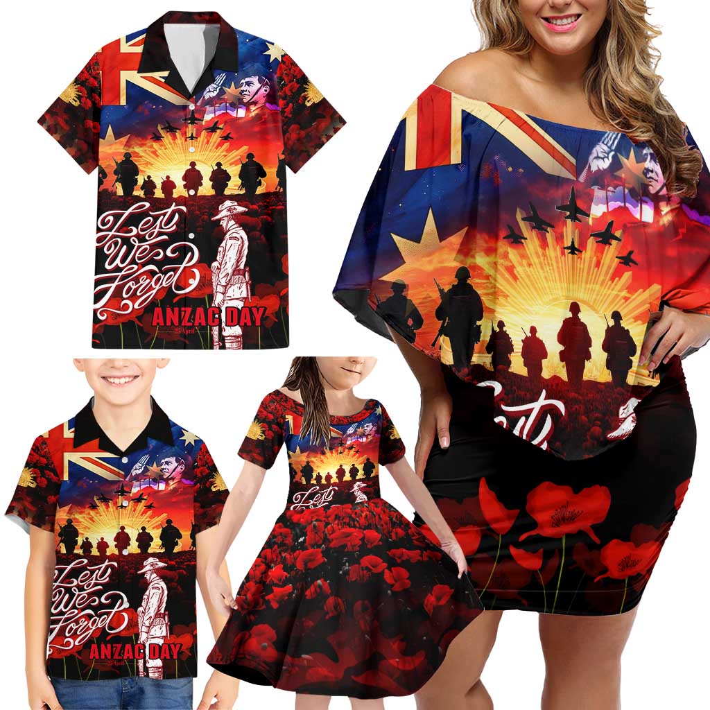 Australia ANZAC Day Family Matching Off Shoulder Short Dress and Hawaiian Shirt Let We Forget - Tribute Art with Soldiers and Poppies