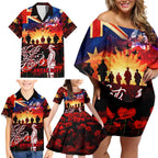 Australia ANZAC Day Family Matching Off Shoulder Short Dress and Hawaiian Shirt Let We Forget - Tribute Art with Soldiers and Poppies