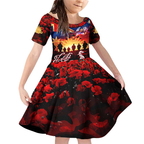 Australia ANZAC Day Family Matching Off Shoulder Short Dress and Hawaiian Shirt Let We Forget - Tribute Art with Soldiers and Poppies
