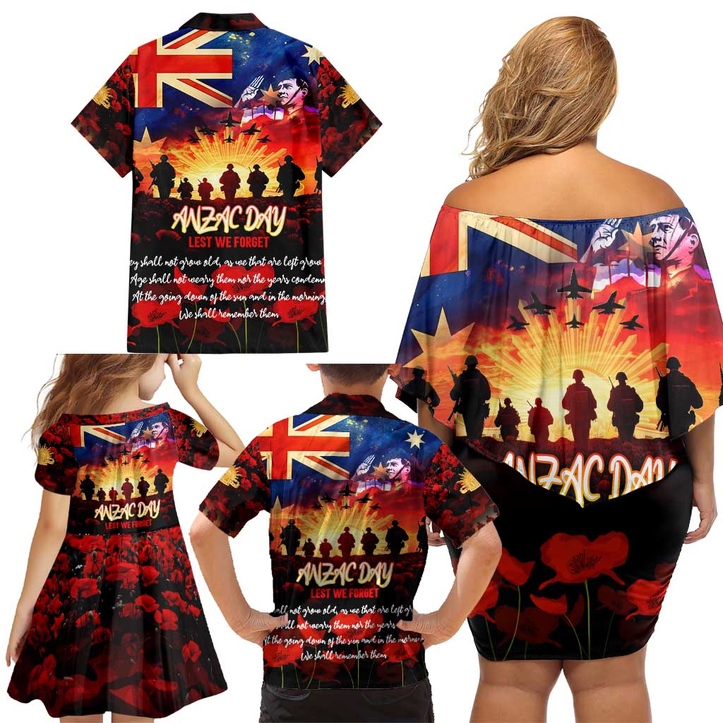 Australia ANZAC Day Family Matching Off Shoulder Short Dress and Hawaiian Shirt Let We Forget - Tribute Art with Soldiers and Poppies