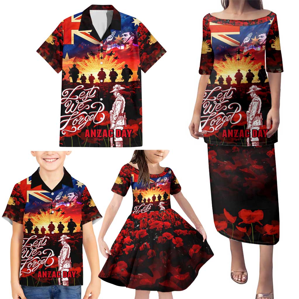 Australia ANZAC Day Family Matching Puletasi and Hawaiian Shirt Let We Forget - Tribute Art with Soldiers and Poppies