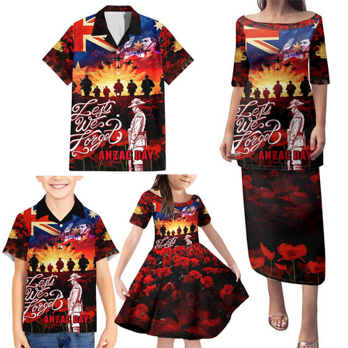 Australia ANZAC Day Family Matching Puletasi and Hawaiian Shirt Let We Forget - Tribute Art with Soldiers and Poppies