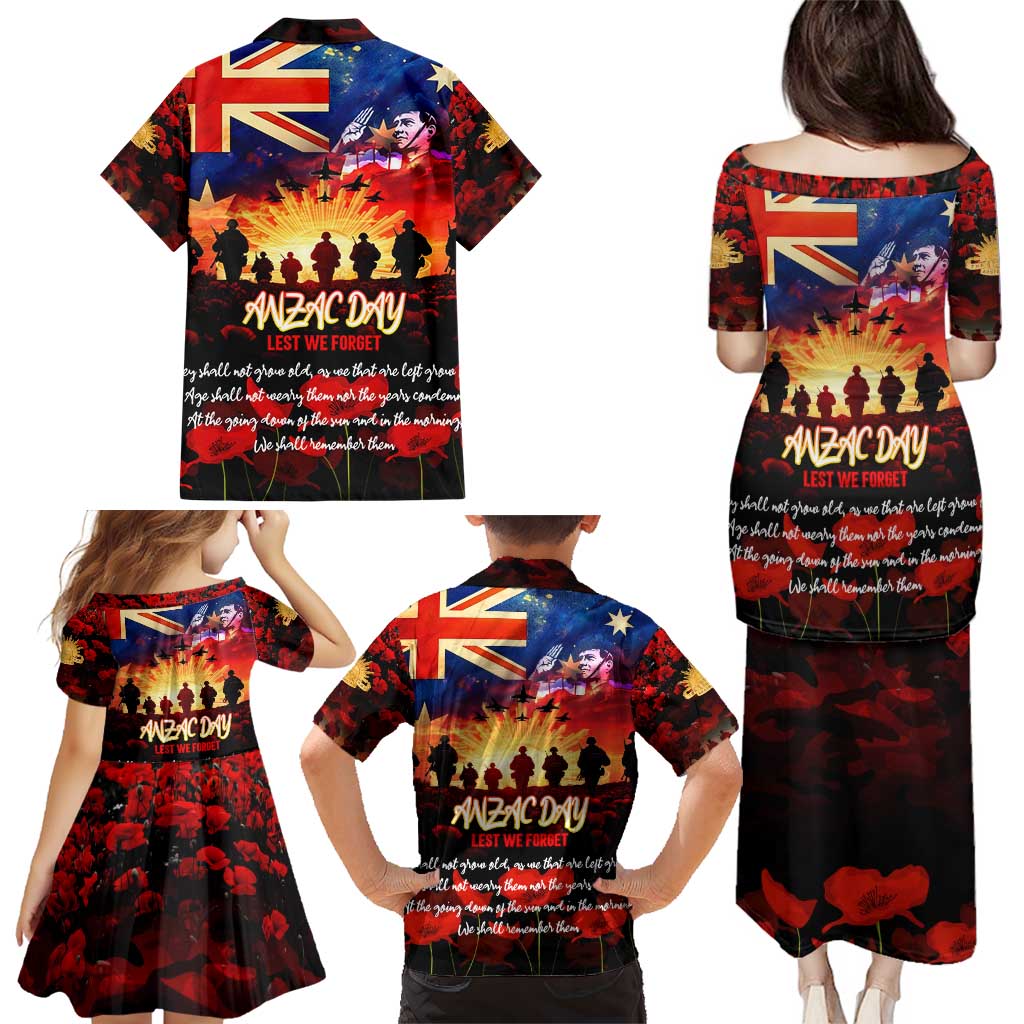 Australia ANZAC Day Family Matching Puletasi and Hawaiian Shirt Let We Forget - Tribute Art with Soldiers and Poppies