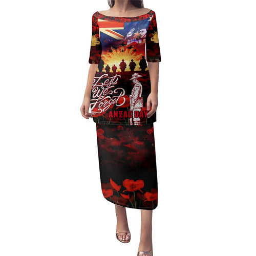 Australia ANZAC Day Family Matching Puletasi and Hawaiian Shirt Let We Forget - Tribute Art with Soldiers and Poppies
