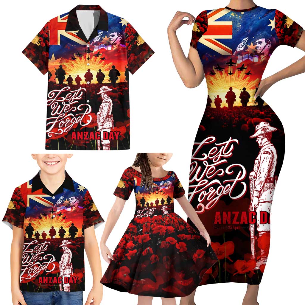 Australia ANZAC Day Family Matching Short Sleeve Bodycon Dress and Hawaiian Shirt Let We Forget - Tribute Art with Soldiers and Poppies