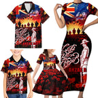Australia ANZAC Day Family Matching Short Sleeve Bodycon Dress and Hawaiian Shirt Let We Forget - Tribute Art with Soldiers and Poppies