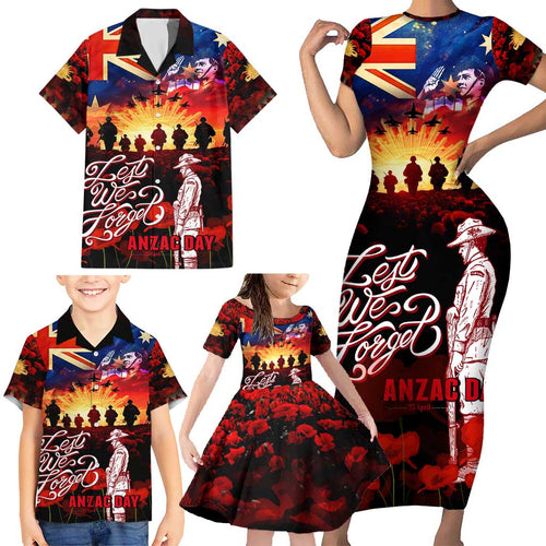 Australia ANZAC Day Family Matching Short Sleeve Bodycon Dress and Hawaiian Shirt Let We Forget - Tribute Art with Soldiers and Poppies