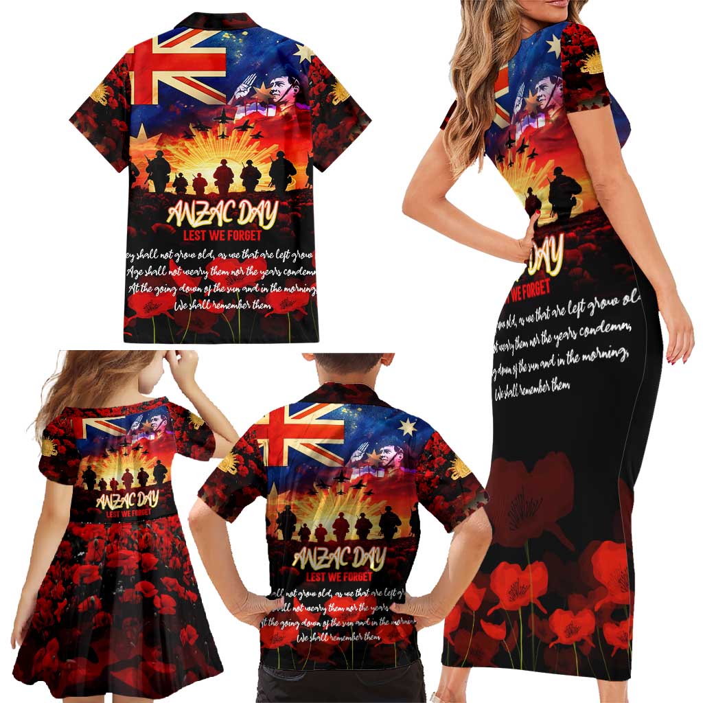 Australia ANZAC Day Family Matching Short Sleeve Bodycon Dress and Hawaiian Shirt Let We Forget - Tribute Art with Soldiers and Poppies