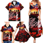 Australia ANZAC Day Family Matching Summer Maxi Dress and Hawaiian Shirt Let We Forget - Tribute Art with Soldiers and Poppies