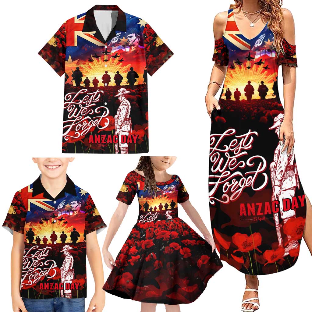 Australia ANZAC Day Family Matching Summer Maxi Dress and Hawaiian Shirt Let We Forget - Tribute Art with Soldiers and Poppies