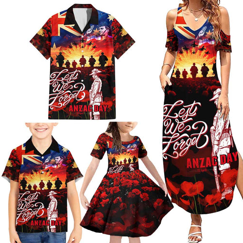 Australia ANZAC Day Family Matching Summer Maxi Dress and Hawaiian Shirt Let We Forget - Tribute Art with Soldiers and Poppies