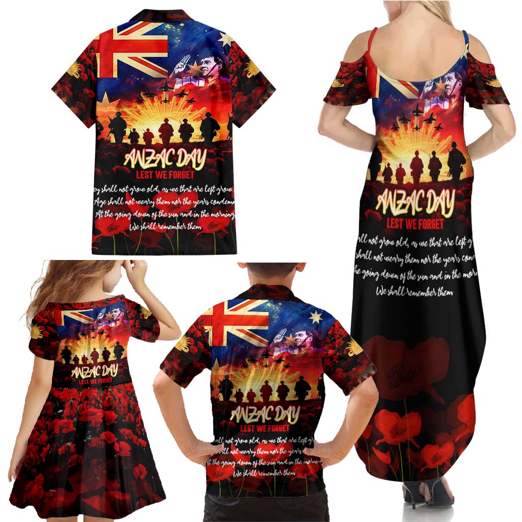 Australia ANZAC Day Family Matching Summer Maxi Dress and Hawaiian Shirt Let We Forget - Tribute Art with Soldiers and Poppies