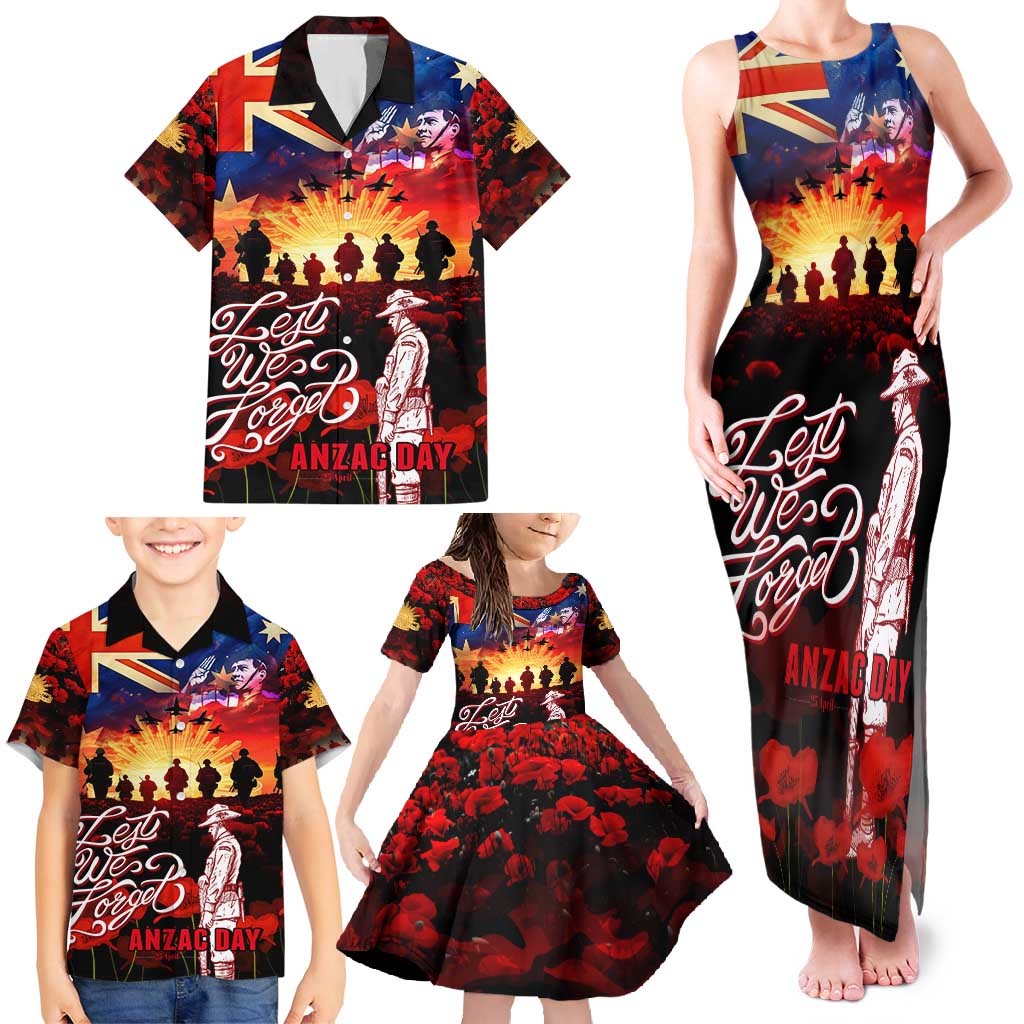 Australia ANZAC Day Family Matching Tank Maxi Dress and Hawaiian Shirt Let We Forget - Tribute Art with Soldiers and Poppies