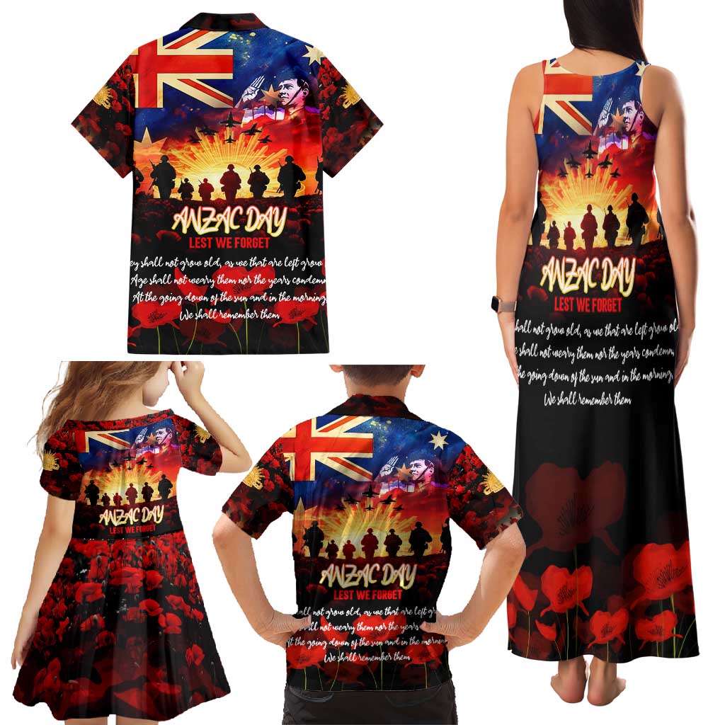 Australia ANZAC Day Family Matching Tank Maxi Dress and Hawaiian Shirt Let We Forget - Tribute Art with Soldiers and Poppies
