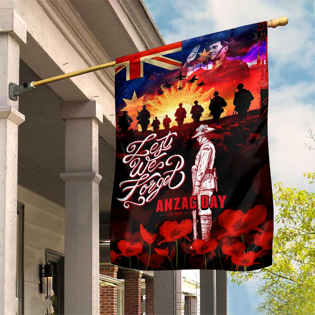 Australia ANZAC Day Garden Flag Let We Forget - Tribute Art with Soldiers and Poppies