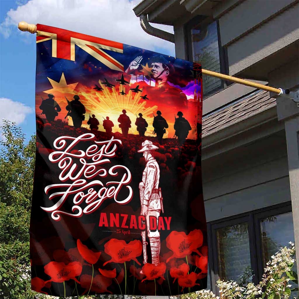 Australia ANZAC Day Garden Flag Let We Forget - Tribute Art with Soldiers and Poppies