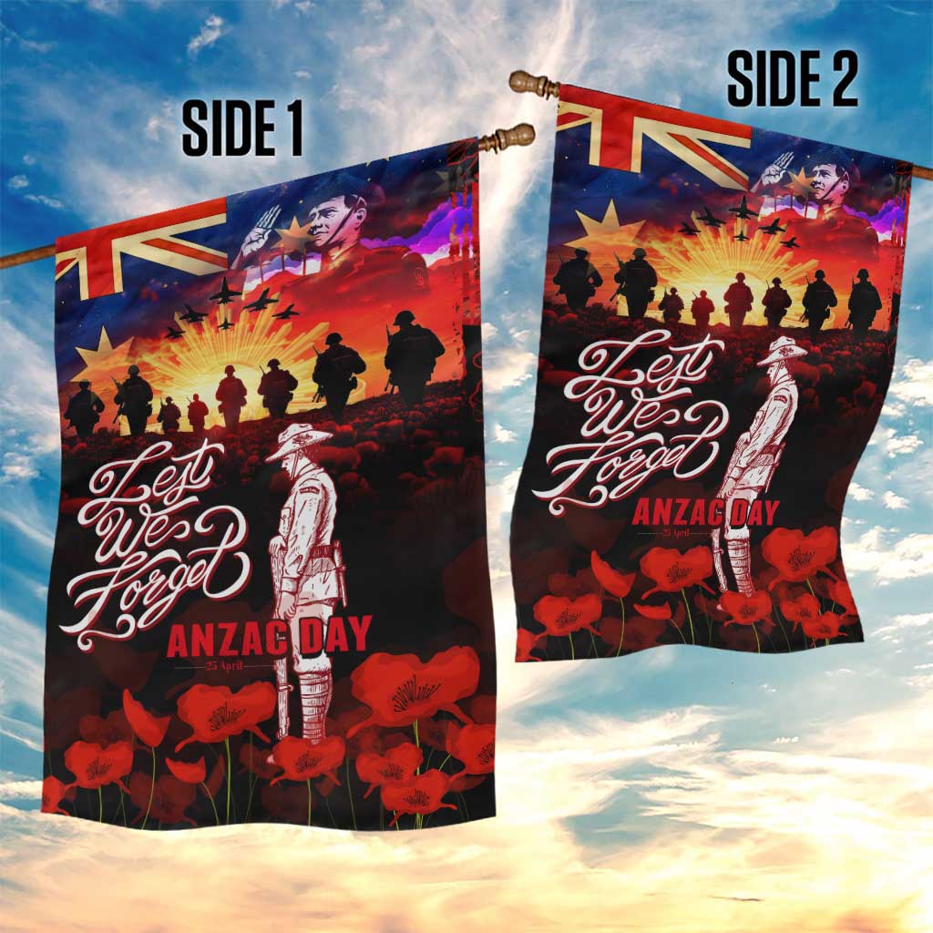 Australia ANZAC Day Garden Flag Let We Forget - Tribute Art with Soldiers and Poppies