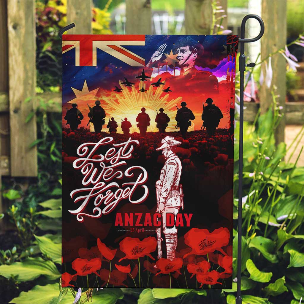 Australia ANZAC Day Garden Flag Let We Forget - Tribute Art with Soldiers and Poppies