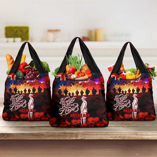 Australia ANZAC Day Grocery Bag Let We Forget - Tribute Art with Soldiers and Poppies