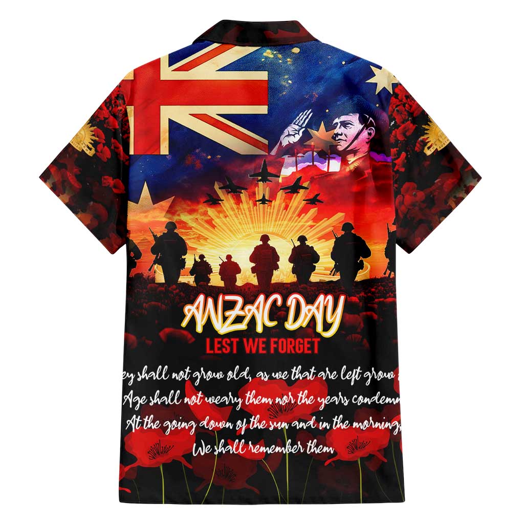 Australia ANZAC Day Hawaiian Shirt Let We Forget - Tribute Art with Soldiers and Poppies