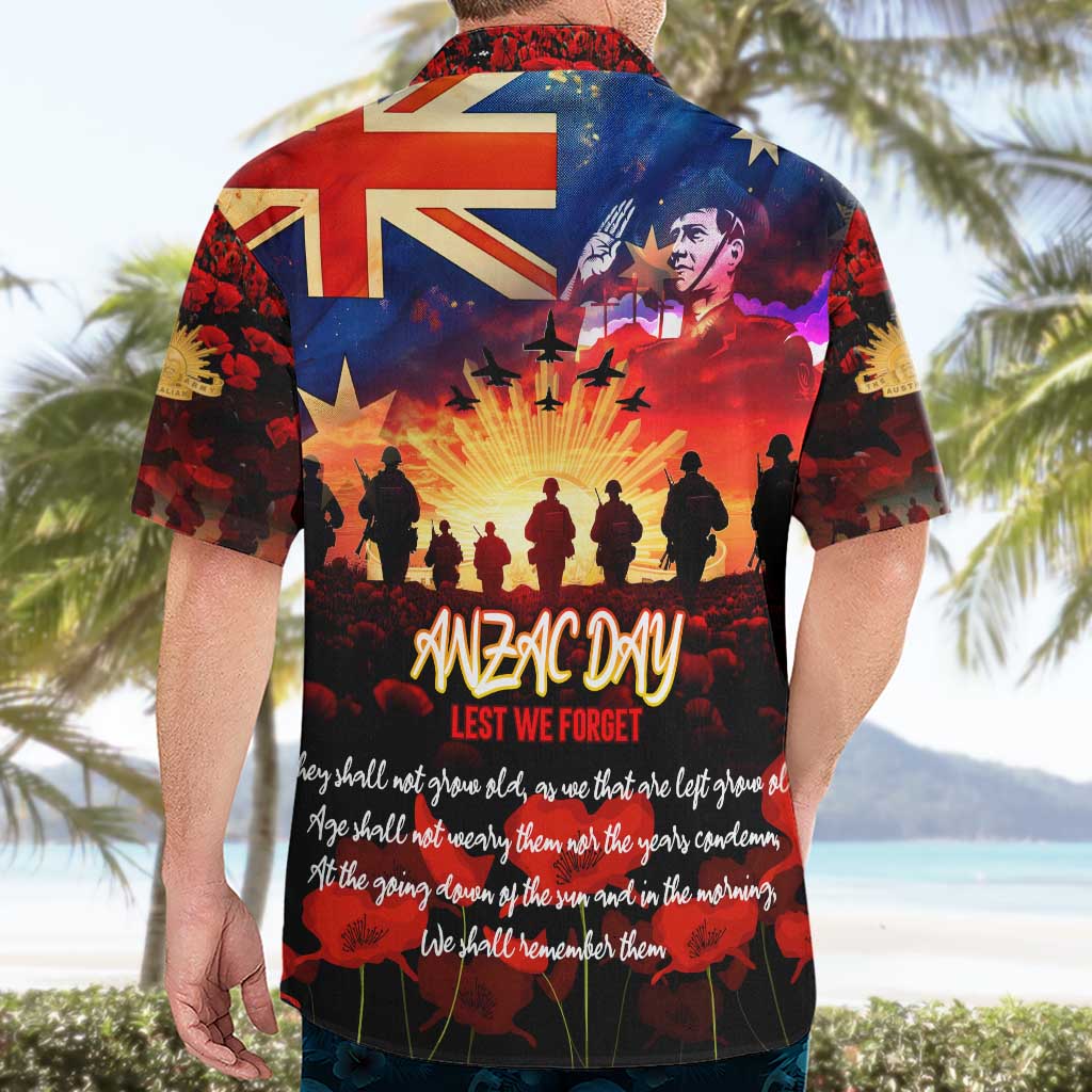 Australia ANZAC Day Hawaiian Shirt Let We Forget - Tribute Art with Soldiers and Poppies