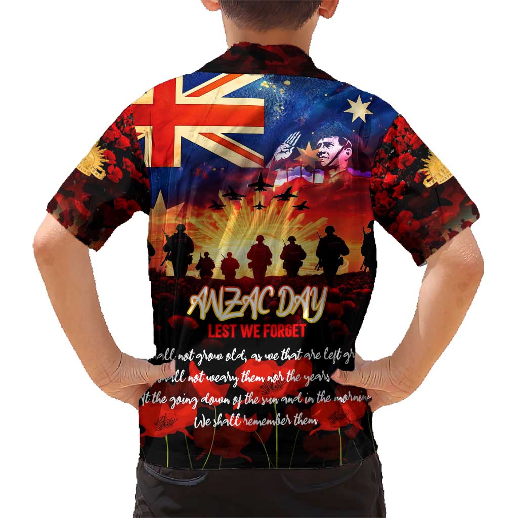Australia ANZAC Day Hawaiian Shirt Let We Forget - Tribute Art with Soldiers and Poppies