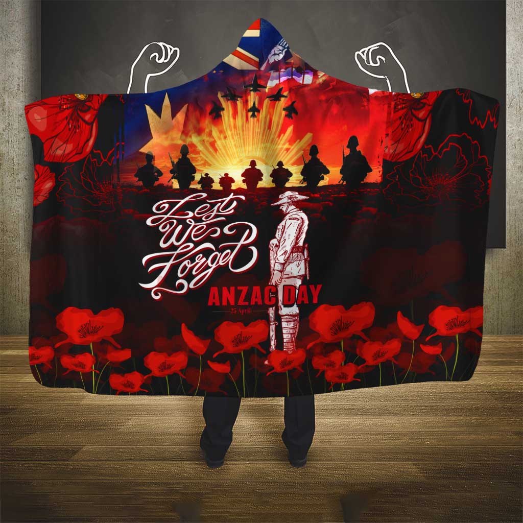 Australia ANZAC Day Hooded Blanket Let We Forget - Tribute Art with Soldiers and Poppies